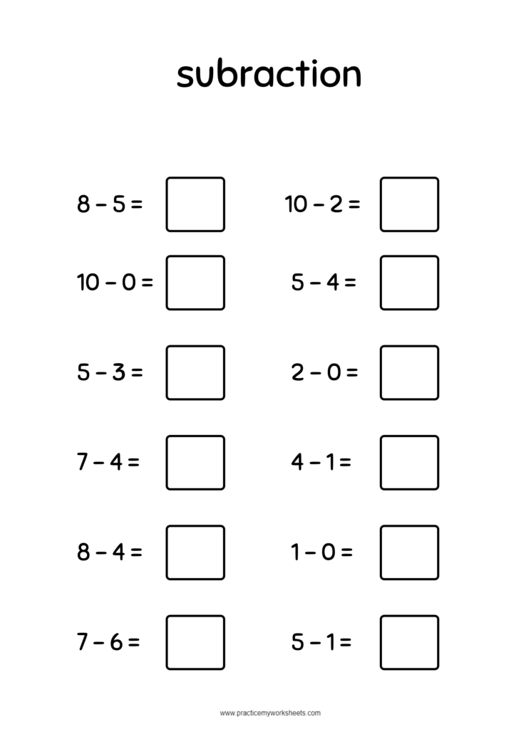 Subtraction Worksheets For Kindergarten Kids - Practice My Worksheets